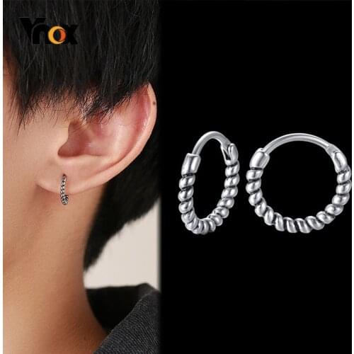Vnox Retro Small Hoop Earrings for Men Women, Vintage Industrial Huggie Ear Jewelry, Punk Rock Twisted Cuban Chain Boy Earrings