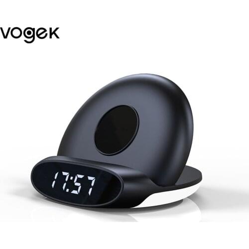 Vogek 15W Wireless Qi Mobile Phhone Fast Charger Multi-function 3 in 1 Simple Style Clock Adjustable Phone Stand Charging Base