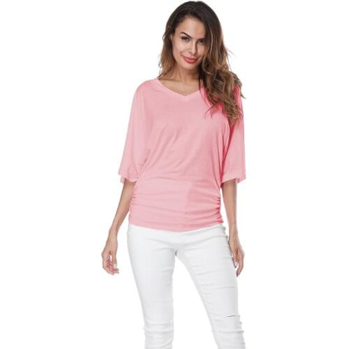 Plus Size Womens Loose Bat Sleeve V-neck Short-sleeved T-shirt Top Black Green Gray Purple Red Yellow Pink White Shirts