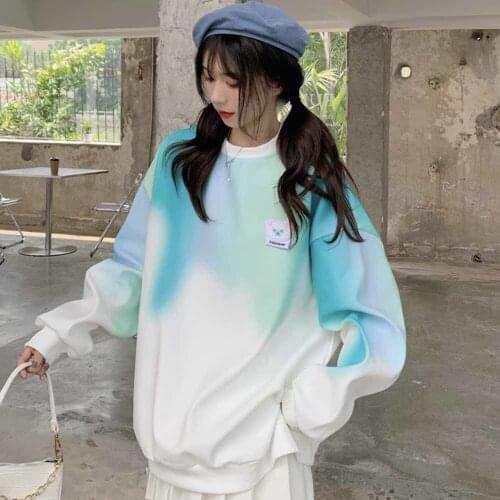 Chic Tie Dye White Sweatshirt Women Bear Head Embroidery Korean Fashion Tops 2021 Autumn New Long Sleeve Plus Size Teens Clothes