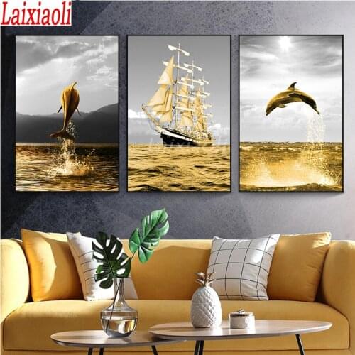 Golden Ocean Life Dolphin full diamond embroidery Sailing Boat picture 5D stitch cross diamond painting 3 pcs Living Room decor