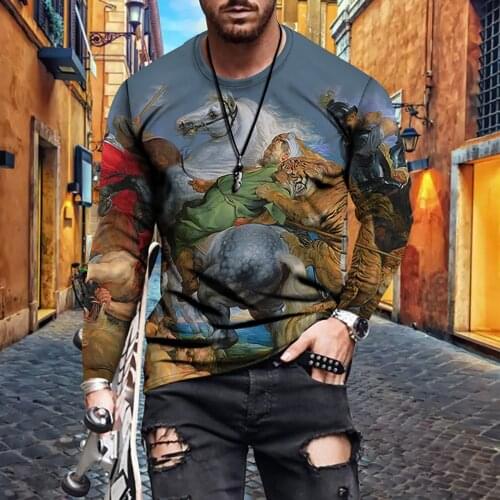 2021 new casual mens T-shirt long-sleeved shirt animal stitching print European and American mens tops