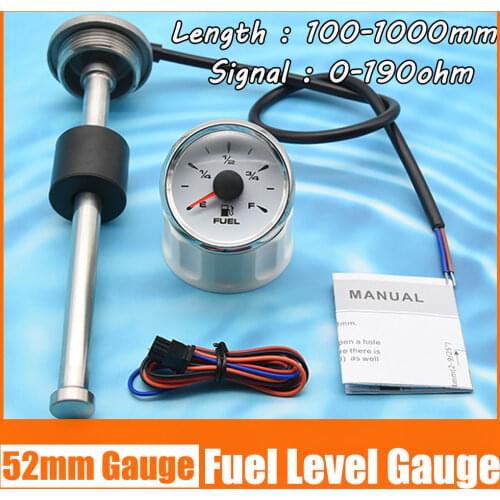 52mm Waterproof Car Boat Fuel Level Gauge with 7 Backlight 0~190 ohm Fuel Level Sensor Fuel Sending Unit 150mm 200mm 250mm 500mm