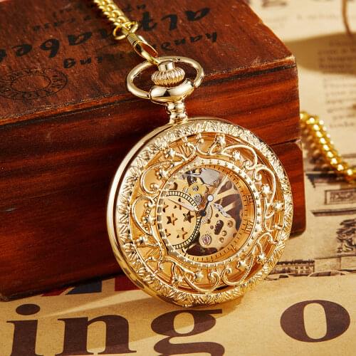Antique Steampunk Mechanical Pocket Watch Necklace Hollow Skeleton Hand Wind Ancient Carved Fob Watch Pendant Chain Men Women