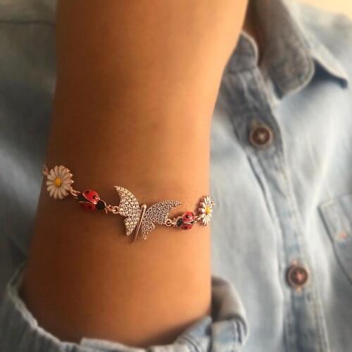 Blue Butterfly and Ladybug Love Path 925 Sterling Silver Elevator Wristband Women Girls Jewelry Accessories Bracelet