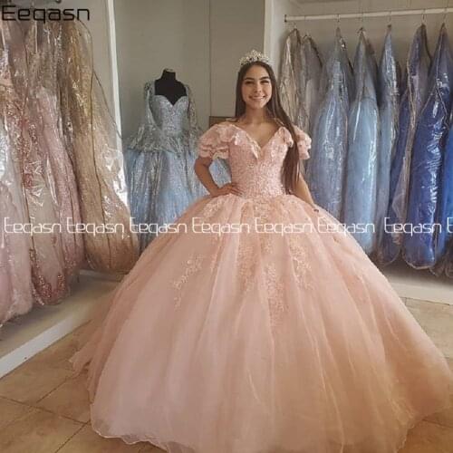 Eeqasn Pink Sweet 16 Quinceanera Dress 2020 Ball Gown Vintage Lace Vestidos 15 Anos Teen Girls Pageant Prom Gowns