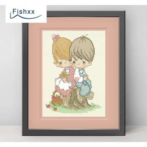 European style idyllic cartoon characters Fishxx Cross Stitch Kit H097 A small couple on the tree pier Hand sewing