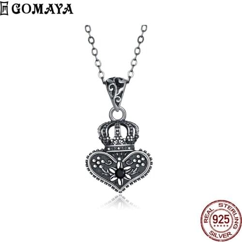 GOMAYA 925 Sterling Silver Necklace For Women Classic Crown And Heart Black Zirconia Necklace Anniversary Gift Hot Sale jewelry