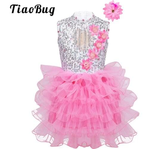 TiaoBug Kids Teens Sequins Rhinestone Flowers Ballet Tutu Dress Hair Clip Set Children Girls Modern Ballroom Jazz Dance Costumes