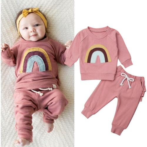 2pcs Newborn Infant Baby Girl Clothes Set Rainbow Long Sleeve Hoodie Tops Ruffle Leggings Pants Fall Winter Outfits 0-3Y