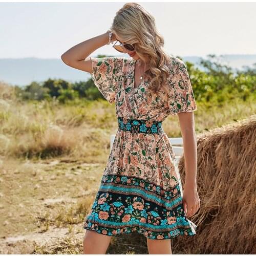 Summer Womens Dress Floral Printed V-neck Mini Short Dress For Lady Bohemian Dress For Holidays Clothes