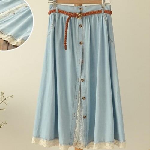 Summer Women Cotton Denim Skirt Lace Patchwork Single Breasted Pleated Jean Long Skirt
