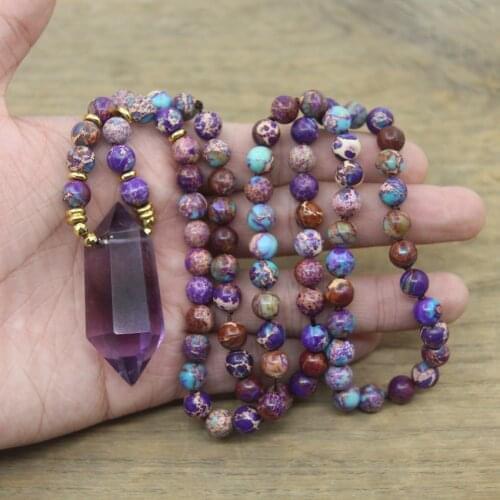 Sea Sediment Jaspers 8mm Round Beads Knotted Handmade Necklace Amethysts Double Point Pendants Yoga Mala Prayer Jewelry,QC0116