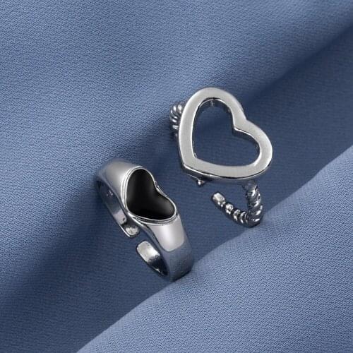 Trendy Silver Color Heart Couple Rings For Women Men Lover Adjustable Rings Set Engagement Wedding Open Rings 2021 Jewelry Ring