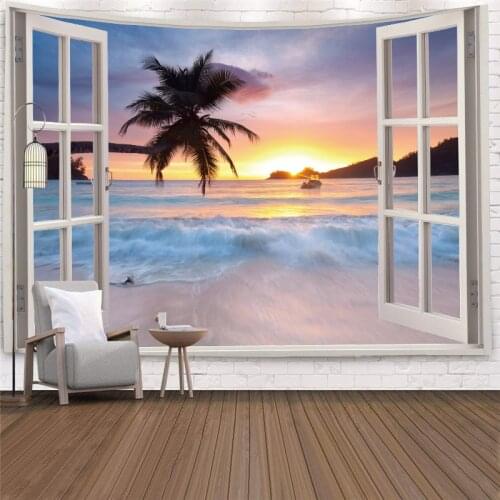 Imitation Window Sea Sunrise Tapestry Wall Hanging Landscape Coconut tree Tapestries Wall Cloth Carpet Art Dorm Home Decoration