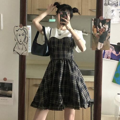 2021 Summer New Korean Chic Plaid A-Line Ruffled Mini Dress Women Sleeveless Dress Gothic High Waist Female Sweet Lolita Dress