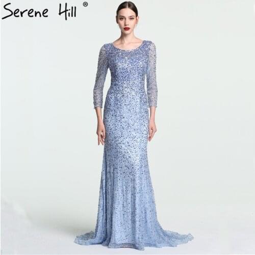 Luxury Beading Diamond Tulle Mermaid Evening Dresses Long Blue Grey Long Sleeves Real Picture 2020 Serene Hill LA6092