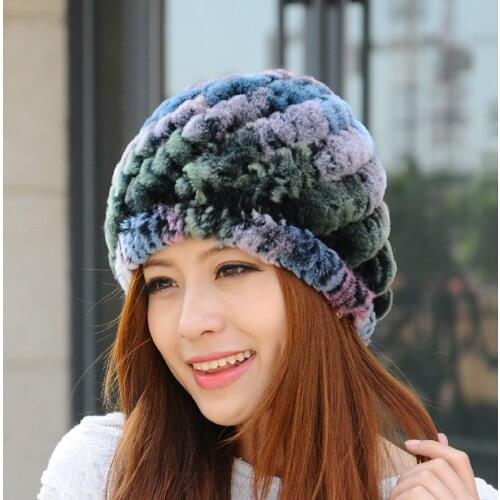 Luxury Winter Womens Genuine Real Knitted Rex Rabbit Fur Hats Handmade Lady Warm Caps Female Beanies Headgear