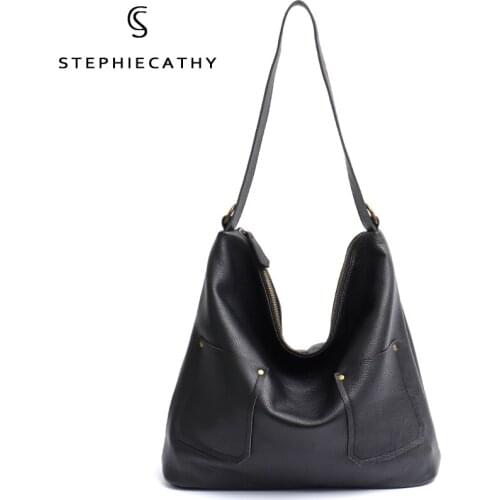 SC Italian Genuine Leather Large Shoulder Bag For Women Vintage Style Front Pockets Hobo Female Casual Cowhide Crossbody Handbag