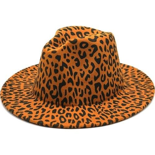 New Wide Brim Leopard Fedora Ladies Wool Felt Hat Women Men Party Trilby Jazz Church Hats Patchwork Panama Cap Formal Top Hat