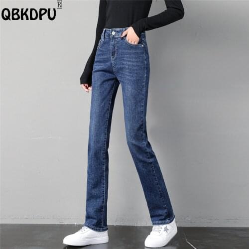 Classic Stretch Slim Straight Leg Jeans Women Casual Blue Denim Trousers Large Size Korean High Waist Washed Denim Pants