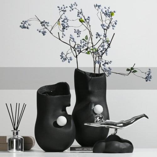 Modern Creative Abstract Living Room Black Irregular Vase With White Ball For Home Office Porch Countertop Decor Resin Vase