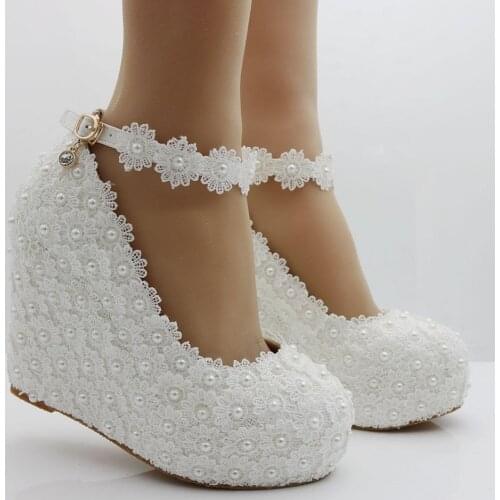 White lace wedges pumps shoes for woman extra high 10cm high heeled platforms pearls TG596 ankle straps ladies wedding shoes