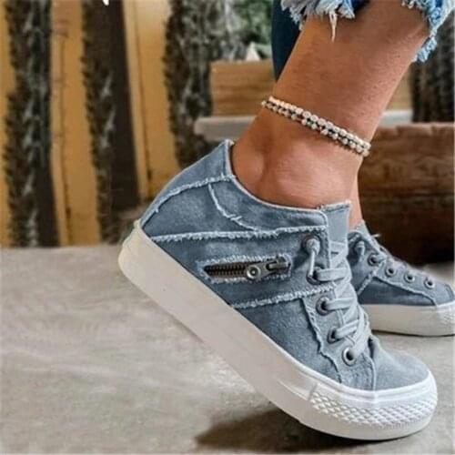 New Canvas Shoes Women 2021 Spring Fashion Zipper Lace Up Ladies Denim Fabric Flat Loafers Comfortable Female Trendy SneakersSRT