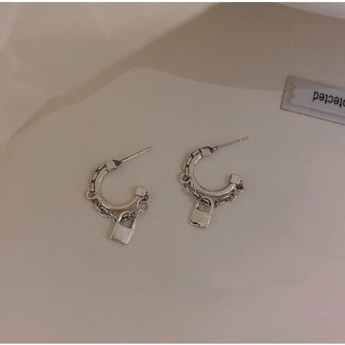 Personality Silver Color Twisted Chain Lock Earrings for Women 2020 Metal Alloy C Shape Open Drop Earrings Statement Jewelry