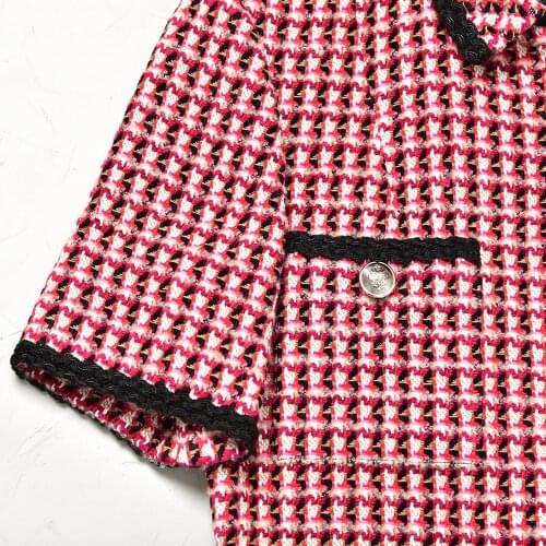 Women Dresses Summer Short Sleeve A-Line Mini Polo Neck Plaid Slim Elegant High Street Chic Stunning Fashion Lady M