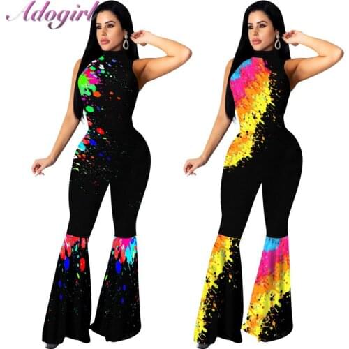 Women Painting Print Sleeveless Backless Ruffles Wide Leg Flare Jumpsuit Sexy Party Night Club One Piece Rompers Outfit Overalls