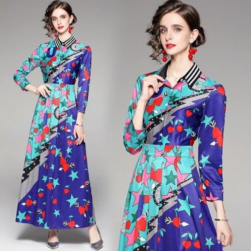 New Spring Summer Fall Autumn Runway Vintage Floral Print Collar Long Sleeve Women Ladies Party Casual Beach A-Line Maxi Dress