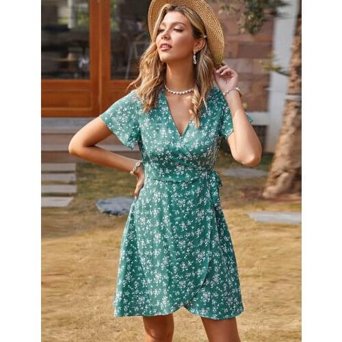 Women Boho Flower Printed Strap A-line Mini Dress Short Sleeve Sexy V neck High Street Party Dress 2021 Summer New Fashion Dress