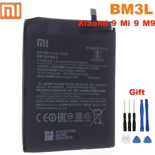 Xiao mi 100% Original BM3L 3300mAh Battery For Xiaomi 9 Mi9 M9 Mi 9 BM3L High Quality Phone Replacement Batteries +tools