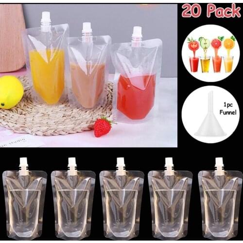 20 Pcs Stand-Up Plastic Drink Bag Spout Pouch Water Bottles Nozzle Bag Disposable Beverage Juice Milk Coffee Holder with Funnel