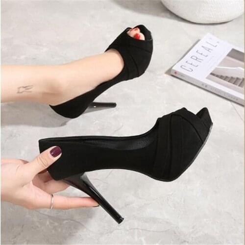 2020 New Fashion Platform Women Pumps Concise Solid Flock High Heels 10cm Shoes Womens Peep Toe Shallow Sexy Party Shoes
