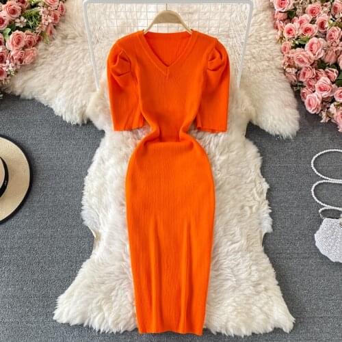 2021 Summer Women Knit Dress Sexy V-neck Short-sleeved Bodycon Slim Stretch Mid-calf Casual Female Korean Vintage Dress Vestidos