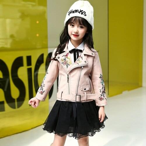 Children Leather Jackets Fashion PU Jacket For Girls Embroidery Zipper Coat Kids Outerwear Girls Cool Jacket 4 6 8 10 12 Years