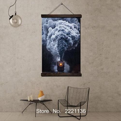 Smoky Train Cool Black Scroll Painting HD Wall Art Hanging Canvas Painting Pictures for Living Room Decoration