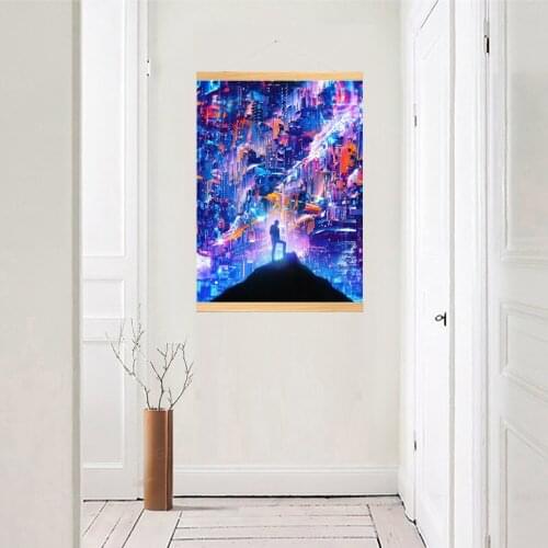 Canvas Home Decoration Poster Peak Print Pictures Wall Artwork Wooden Futuristic City Scroll Hanging Painting Bedside Background