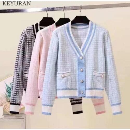 Women Cardigans Sweater Coat V Neck Plaid Loose Knitwear Single Breasted Casual Knit Cardigan Outwear Autumn Winter Jacket 2021