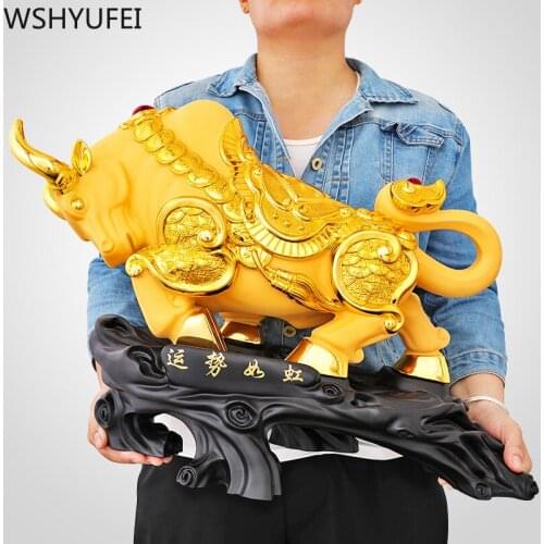 Chinese Fengshui Golden Lucky Money Cattle Resin Statue Home Decor Living Room Decorations Entrance Ornament Birthday Present