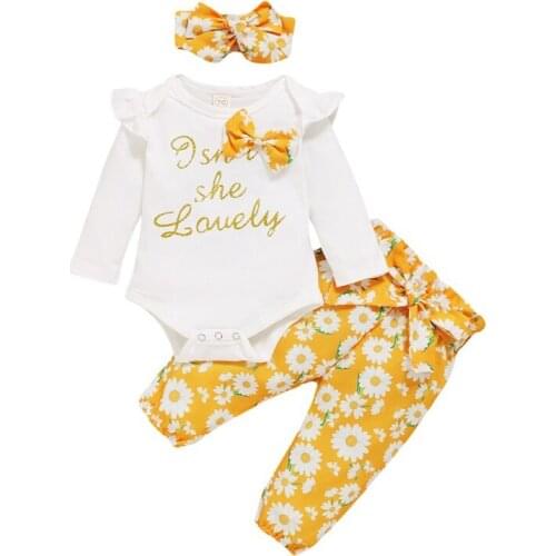 3PCS Set Newborn Baby Girls Clothing Set Tracksuit Romper Jumpsuit Bowknot Tops Pants Headband Outfits Clothes Set 0-18M1
