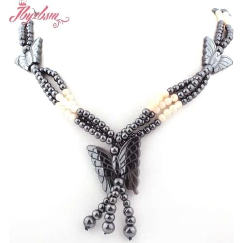 6mm Round (No Magnetic) Hematite Natural Stone Beads For Women Fashion Jewellery Necklace Butterfly Pendant 27" Free Shipping