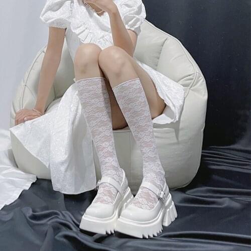 Sweet Long Stockings Women Lolita White Black High Knee Socks Woman Cotton Lace Socks Girls Dress Calcetine Medias 2pairs