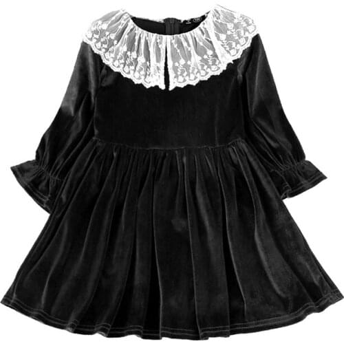 Girl’s Fashion Long-sleeved Dress Vintage Solid Color Golden Velvet Lace Lapel Children Princess Dress 2020 New Arrivals