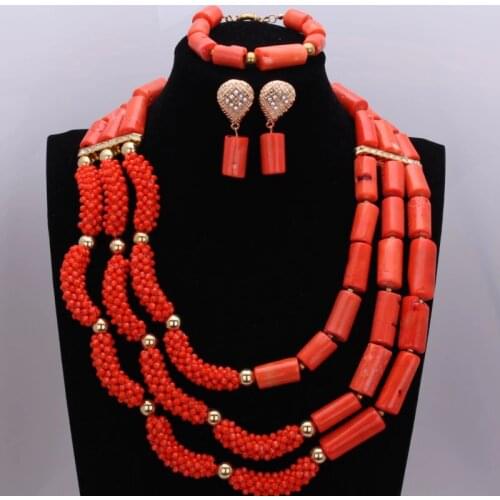 Fashion Original Coral Beads jewelry Set Orange Red Nigerian Jewelry Set For Women Crystals Wedding Choker Set For Ladies 2018