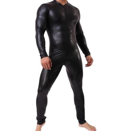 Man Leather Latex Catsuit Bodysuit Black Shiny Erotic Lingerie Bodysuits Body Wear One Piece Jumpsuit Leotard Costumes