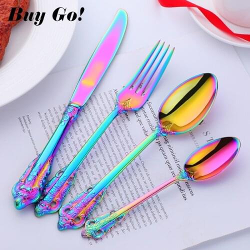 24pcs Luxury Stainless Steel Elegant Rainbow Flatware Set Carving Handle Retro Cutlery Spoon and Fork Knife Set For Hotel Party