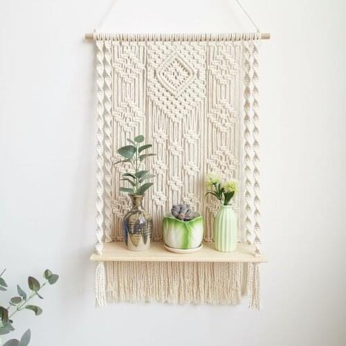 New Hand-Woven Macrame Wall Hanging Rope Shelf Indoor Plant Wooden Rack Stand Bohemian Macrame Tapestry Home Decor Ornament